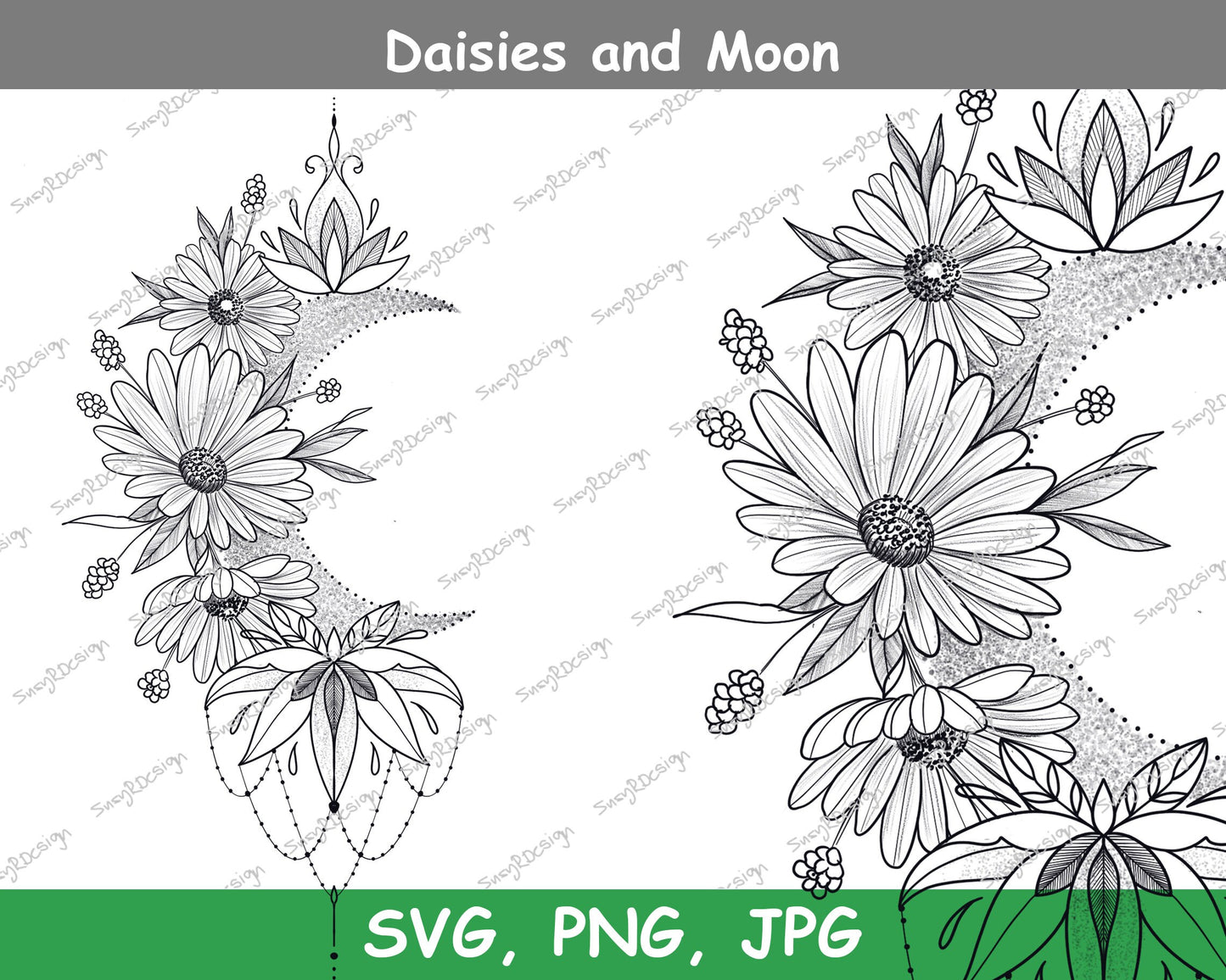 Daisies and Moon Line drawing, Plant Clip Art, Digital Downloads, Screenprinting, Cardmaking, daisy svg, JPG, PNG, SVG