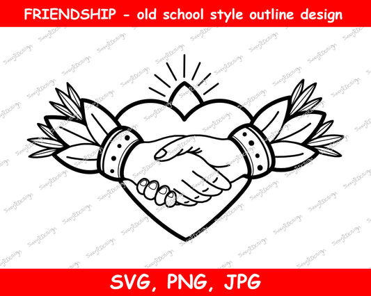 Friendship Old School Tattoo style design Outline drawing, clipart for sublimation projects, card making, printing, Valentines svg, png, jpg