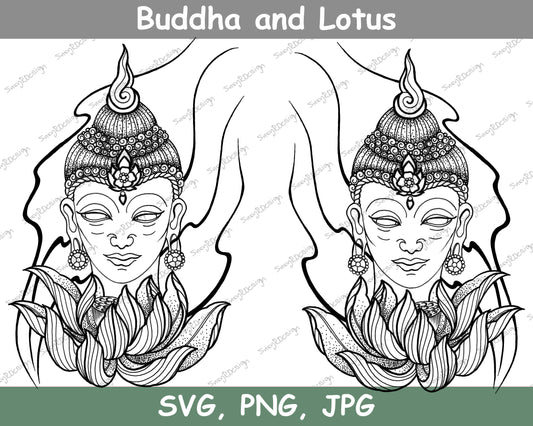 Buddha and Lotus Line drawing, Digital Downloads, Buddha svg,  Buddha Head, Buddha, Buddha Art, Tattoo Design, Tshirt Design JPG, PNG, SVG