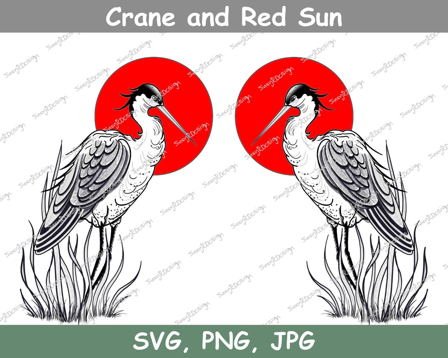 Crane and Red Sun Line drawing, Digital Downloads, Crane svg, Crane Print, Bird Art, Bird Art Print, Tattoo Design, JPG, PNG, SVG