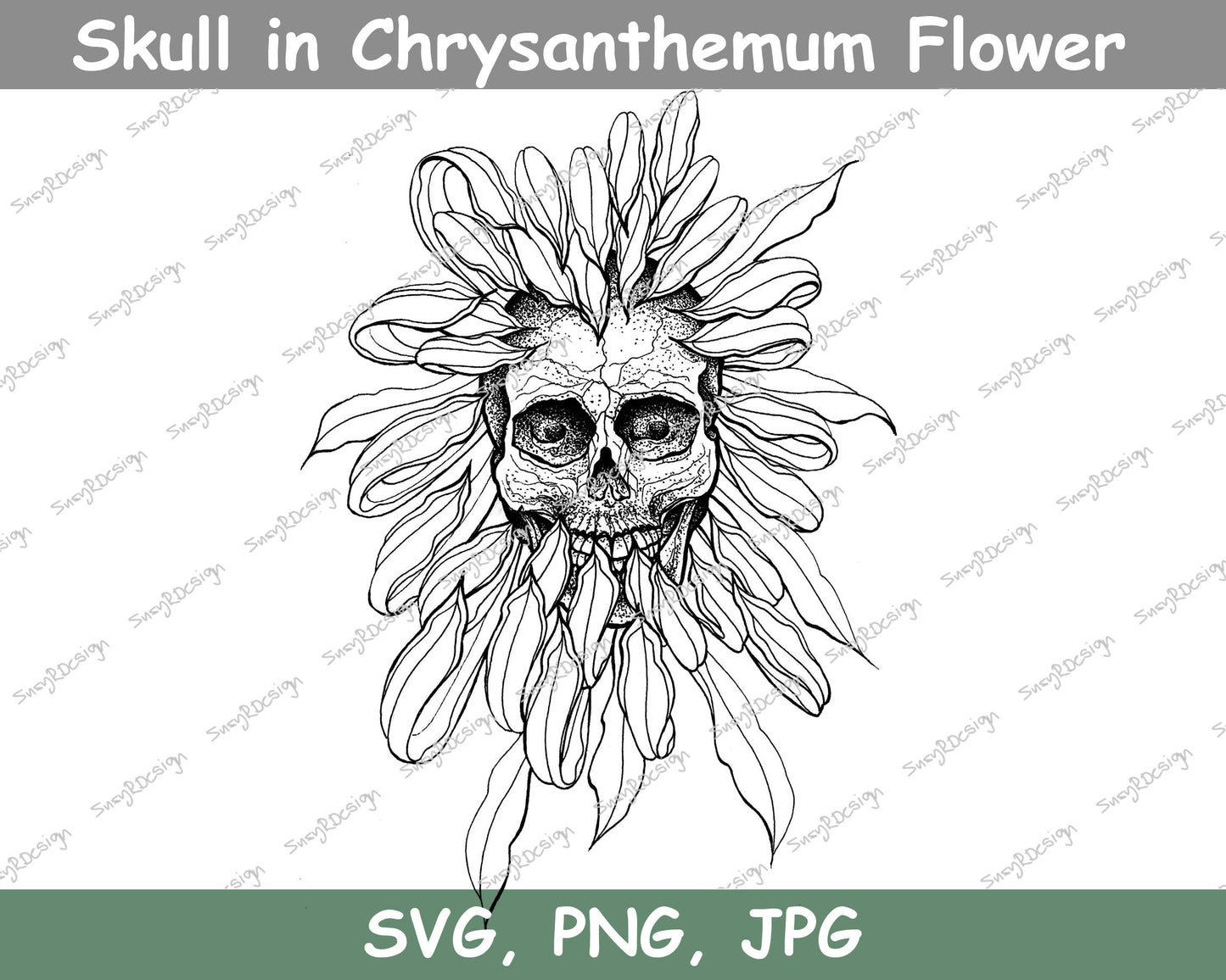 Skull in Chrysanthemum Flower Line drawing, Digital Downloads, skull svg,  flower svg, Skull Art, Tattoo Design, Tshirt Design JPG, PNG, SVG