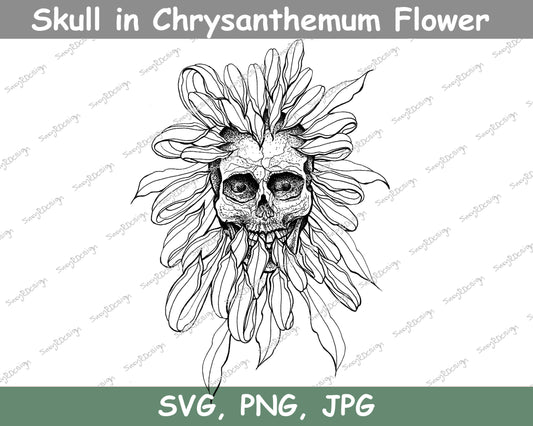 Skull in Chrysanthemum Flower Line drawing, Digital Downloads, skull svg,  flower svg, Skull Art, Tattoo Design, Tshirt Design JPG, PNG, SVG