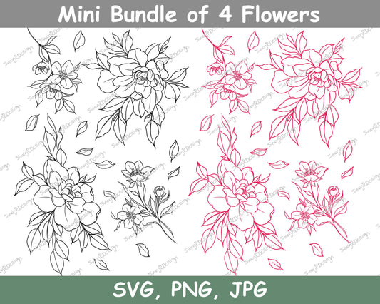 Mini Bundle of 4 Flowers, Line Drawings, illustration svg, Floral Bundle svg, Wedding svg Bundle, Flower svg, fine line design, SVG, PNG JPG