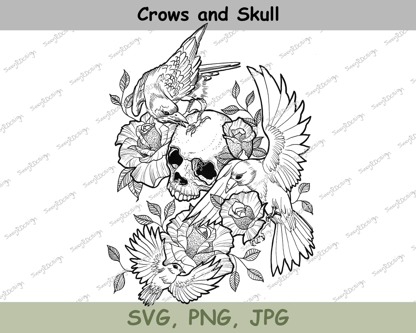 Crows and Skull, Tattoo Style Line Drawing, Digital Downloads, svg file, Cricut template, Sticker, Tattoo Design, SVG, JPG, PNG