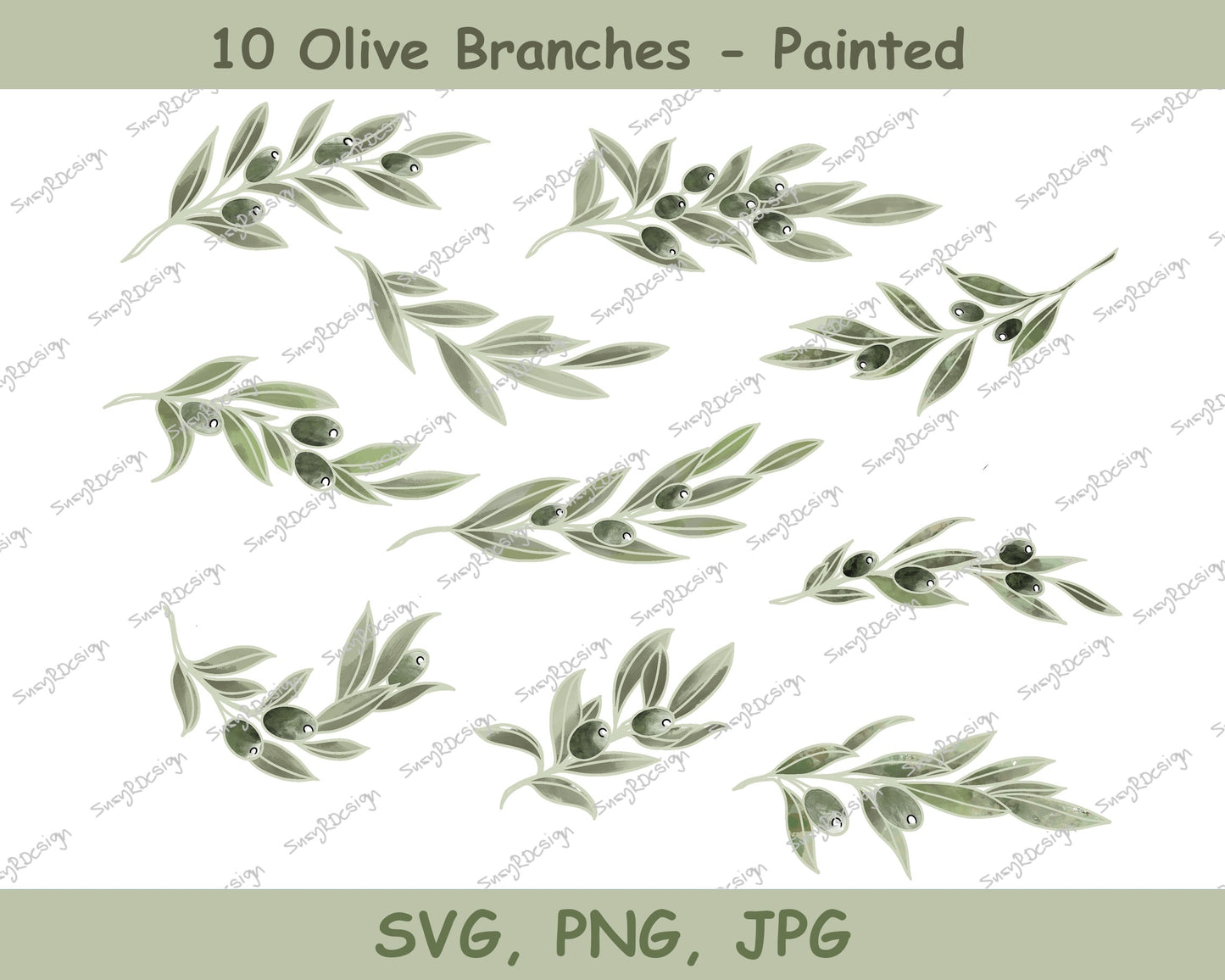 Olive Branch Bundle of 10 Painted Look, illustration svg, olive branch svg cricut svg Watercolour painting olive print olives SVG, PNG JPG