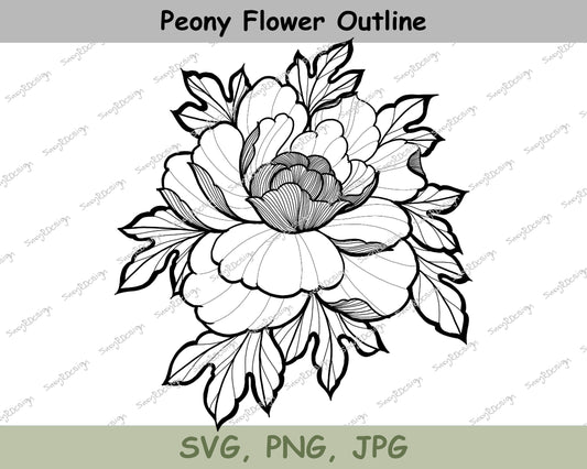 Peony Flower Outline, Tattoo Style, Floral Clip Art, Digital Downloads, Peony Print, Peony Wall Art, Cricut template, Sticker, SVG, JPG, PNG