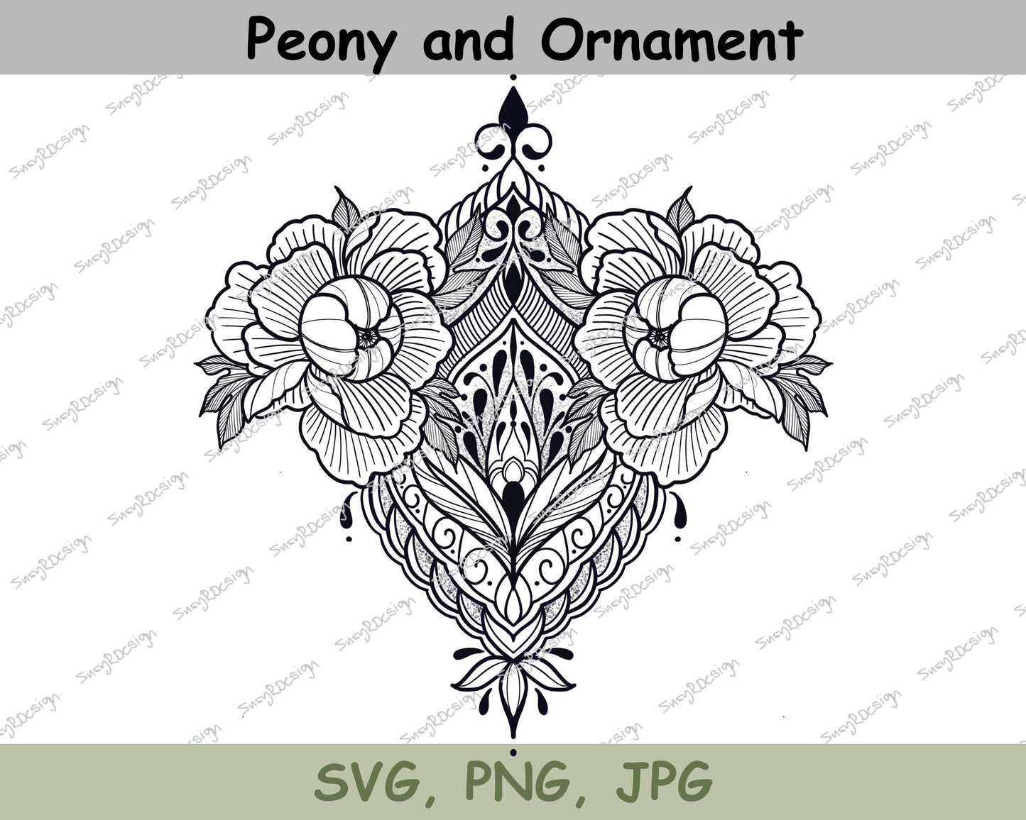 Peony and Ornament Line drawing, Clip Art, Digital Downloads, Screenprinting, Cardmaking, Tattoo Design, Cricut svg, JPG, PNG, SVG