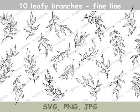 Nature-Inspired Leafy Branches Drawing Set of 10 - SVG, PNG, JPG Files for Cricut, Digital Print, Fine Line Design