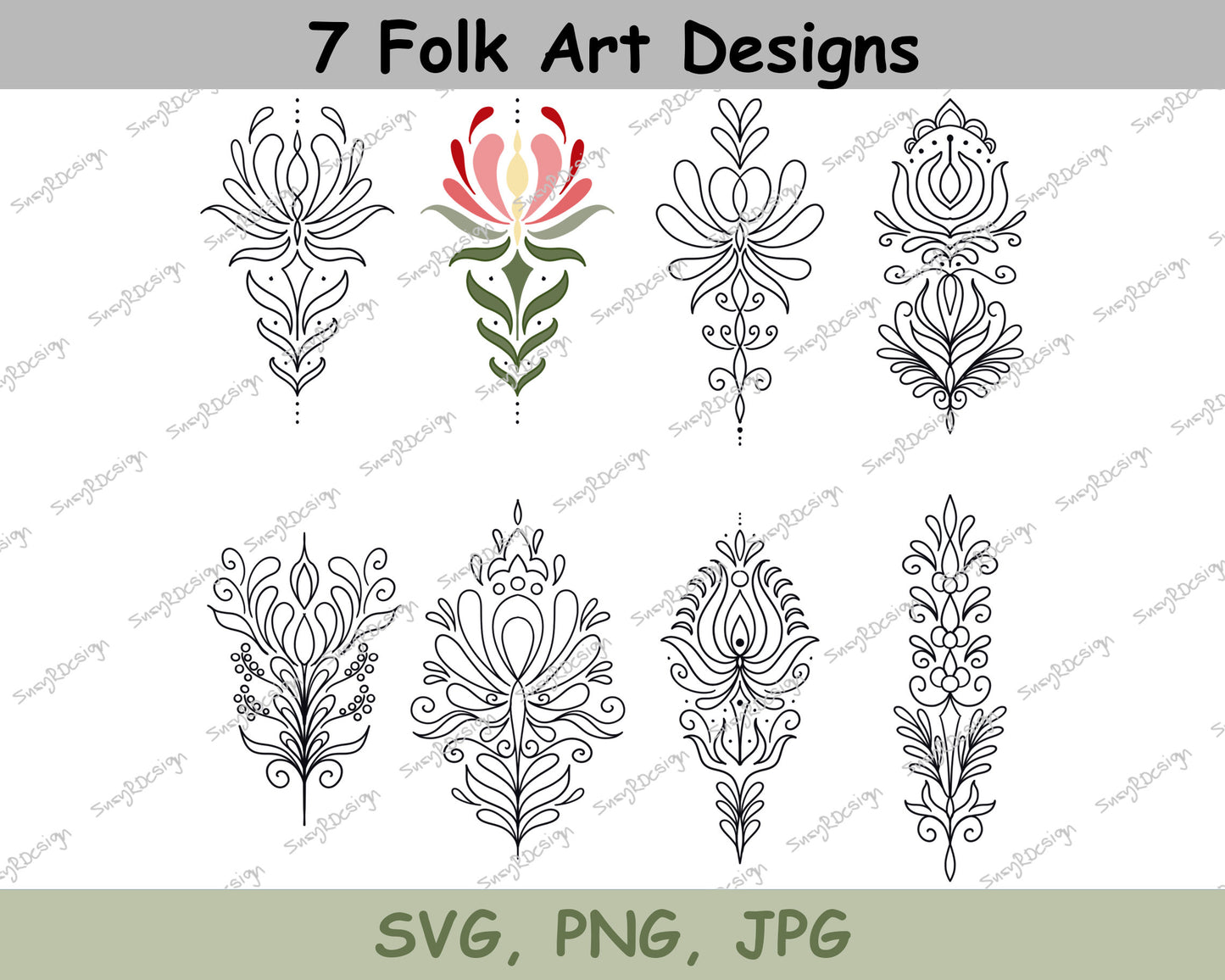 7 Folk Art Designs, Hungarian Folk Art, line drawing, embroidery svg, card making, printing, svg, png, jpg