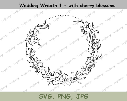 Wedding Wreath 1 with Cherry Blossoms, Line Drawings, illustration svg, wedding svg, cricut svg, wedding invitation,SVG, PNG JPG