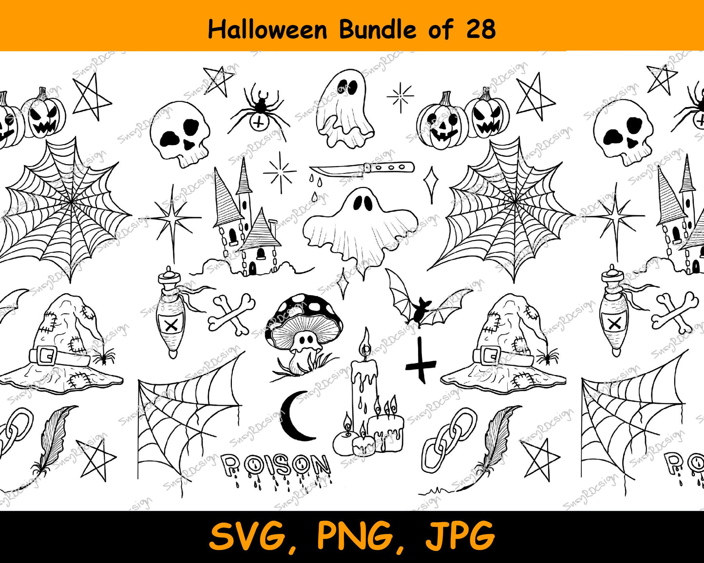 Halloween Bundle, 28 Line Drawings, illustration svg, Halloween unique, cricut svg, fine line design Halloween decor, Halloween SVG PNG JPG