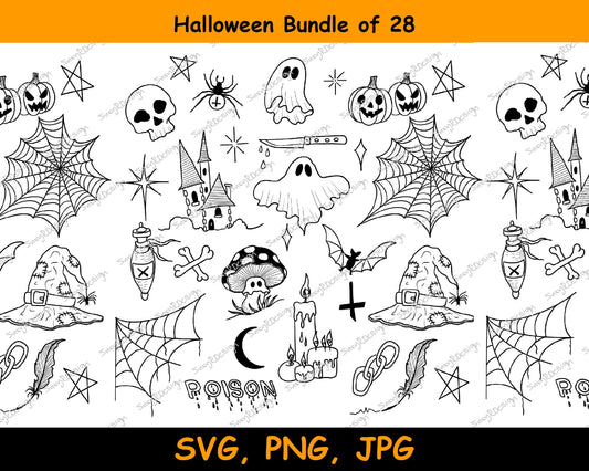 Halloween Bundle, 28 Line Drawings, illustration svg, Halloween unique, cricut svg, fine line design Halloween decor, Halloween SVG PNG JPG