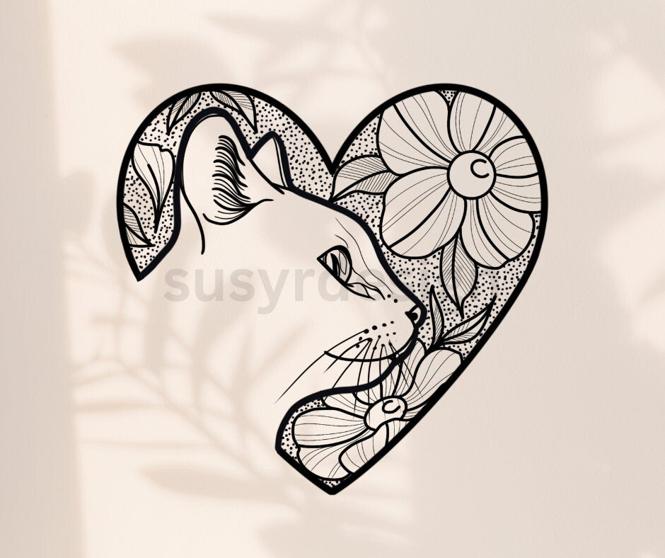 Cat in Heart With Flowers Fine Line Drawing, illustration, cat svg, cricut svg, fine line design, cat print, cats, dotwork, SVG, PNG, JPG