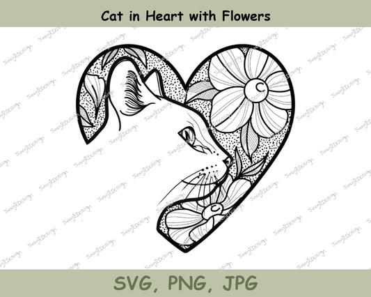 Cat in Heart With Flowers Fine Line Drawing, illustration, cat svg, cricut svg, fine line design, cat print, cats, dotwork, SVG, PNG, JPG