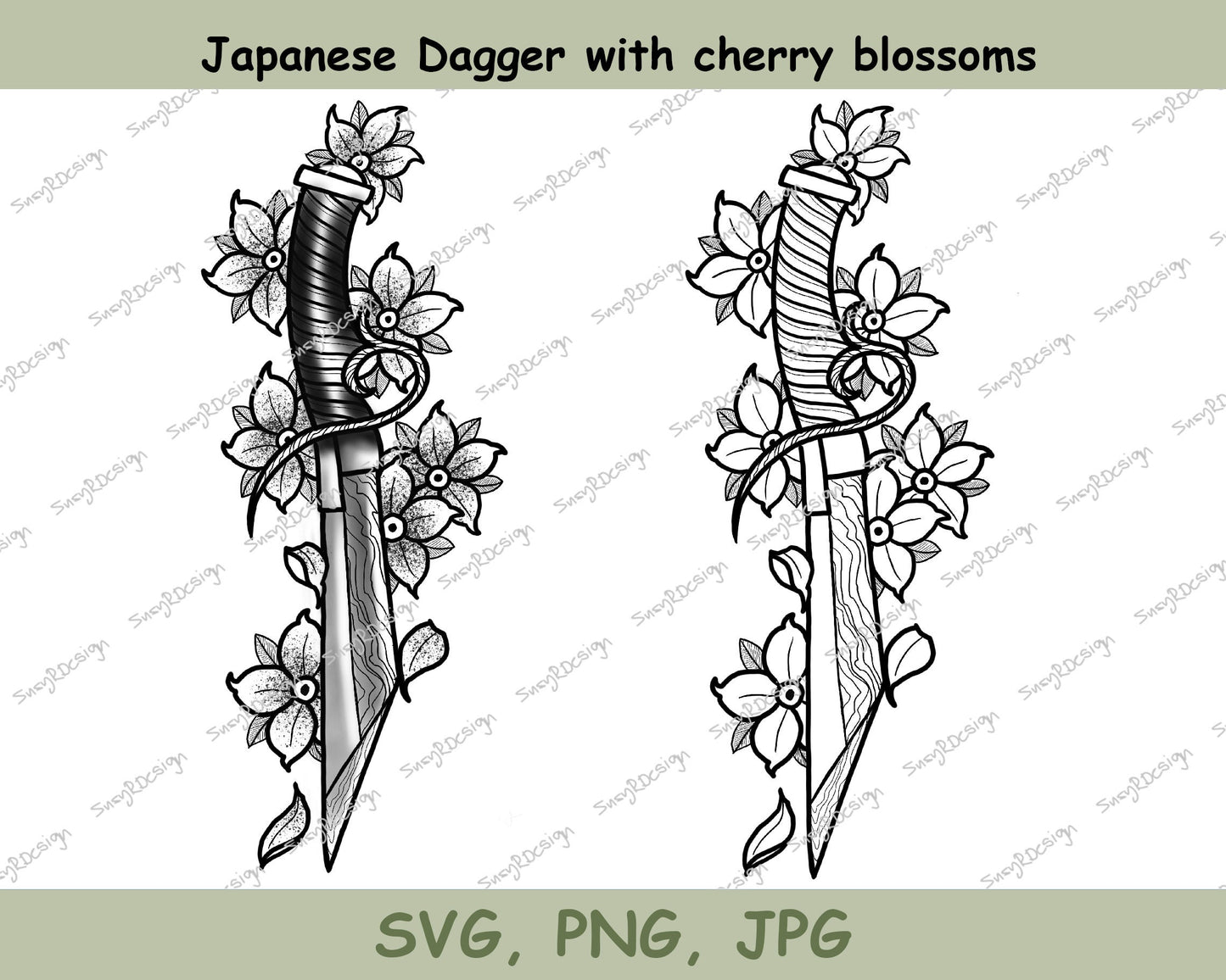 Japanese style dagger with cherry blossom, tattoo design, cherry blossom svg, japanese style art print, colouring page, SVG, PNG, JPG