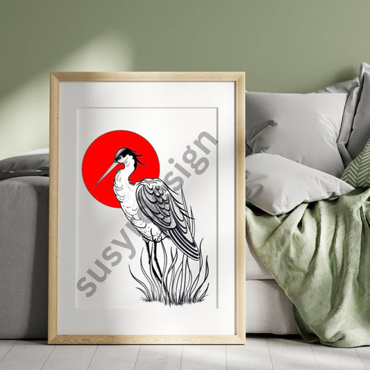 Crane and Red Sun Line drawing, Digital Downloads, Crane svg, Crane Print, Bird Art, Bird Art Print, Tattoo Design, JPG, PNG, SVG