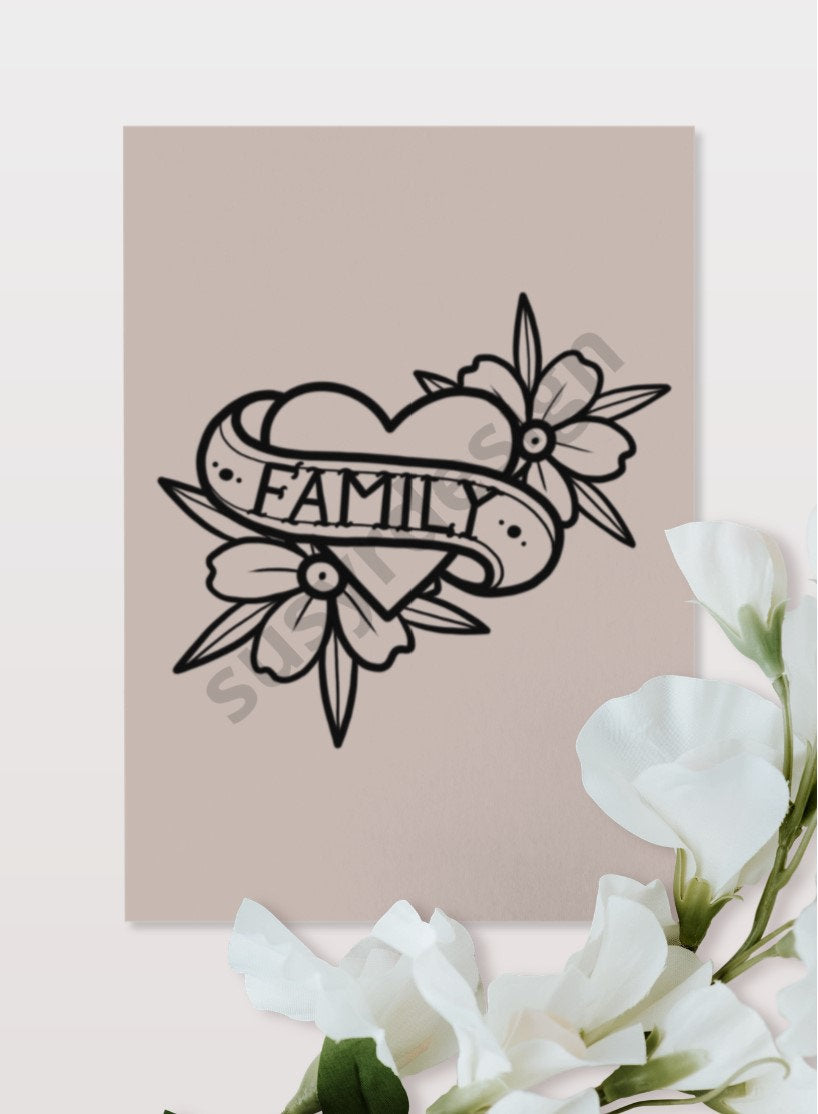 FAMILY Old School Tattoo style design Outline drawing, clipart for sublimation projects, card making, printing, Valentines svg, png, jpg