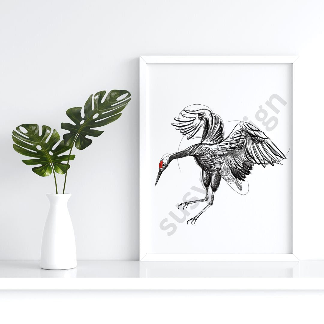 Red Crown Crane Fine Line drawing, Crane svg, Crane Print, Digital Downloads, Tattoo Design, Tshirt Design JPG, PNG, SVG