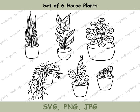 Cute Houseplants Set of 6 Line Drawings Plants Plant pot illustration svg, plant svg, cricut svg, Plant lover fine line design SVG, PNG JPG