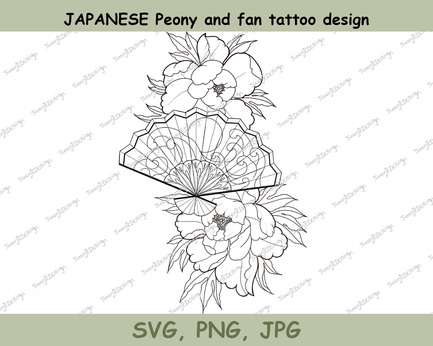 Japanese Peonies and Fan, Tattoo Design, Tattoo stencil, Tshirt Design, Line art, JPG, PNG, SVG