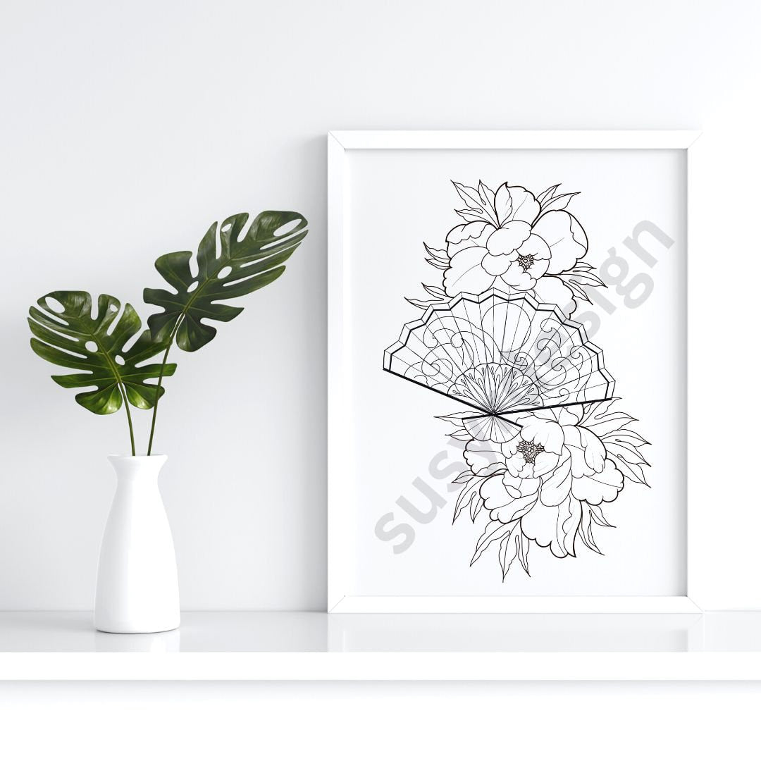 Japanese Peonies and Fan, Tattoo Design, Tattoo stencil, Tshirt Design, Line art, JPG, PNG, SVG