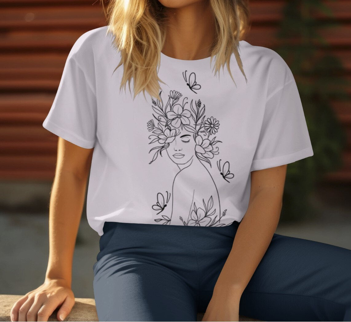 Flower Goddess Outline Design, Fine Line Design, Feminine Tattoo Design, Self Love, SVG, PNG, JPG