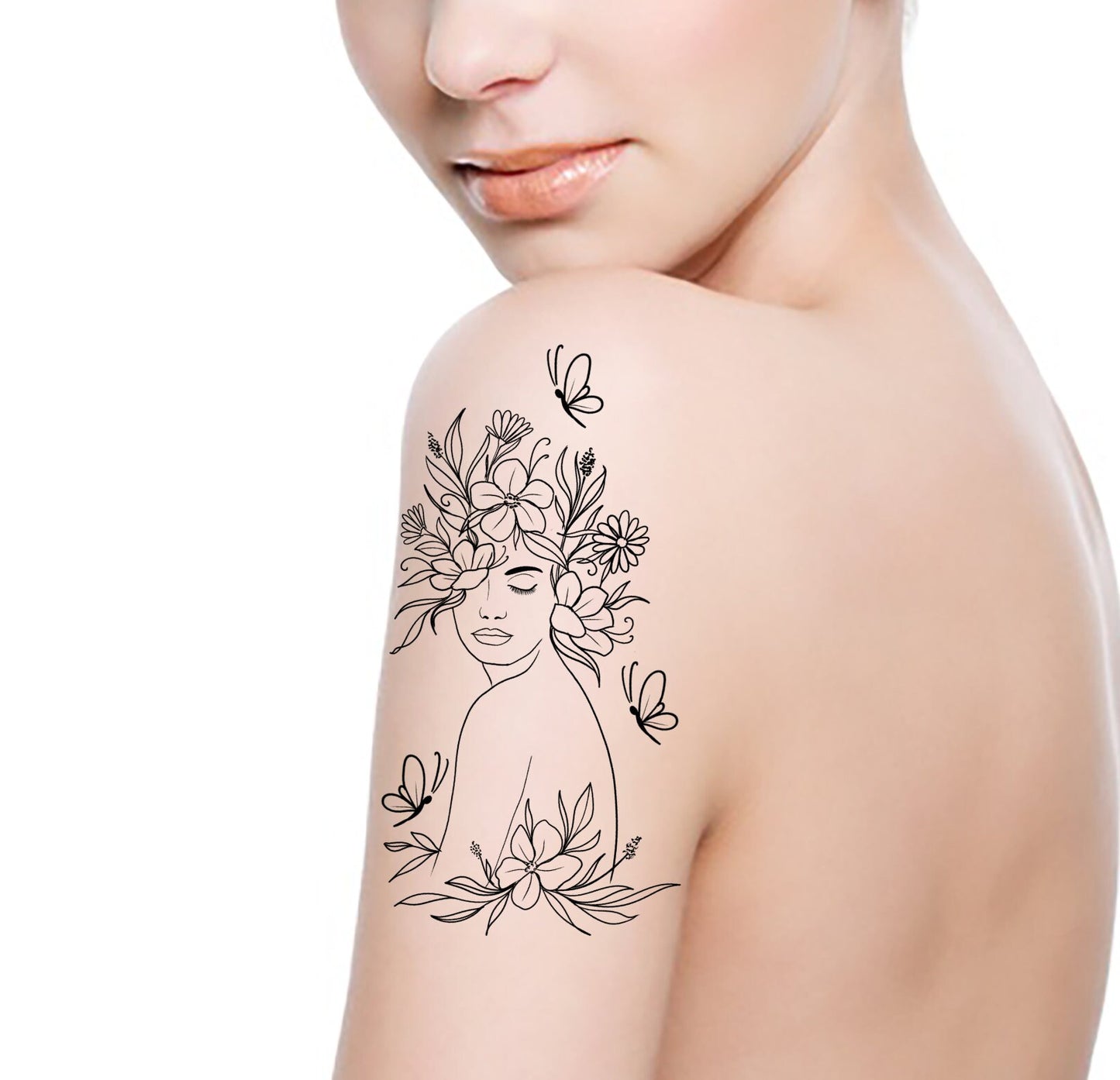 Flower Goddess Outline Design, Fine Line Design, Feminine Tattoo Design, Self Love, SVG, PNG, JPG