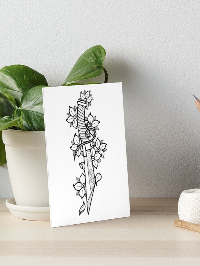 Japanese style dagger with cherry blossom, tattoo design, cherry blossom svg, japanese style art print, colouring page, SVG, PNG, JPG