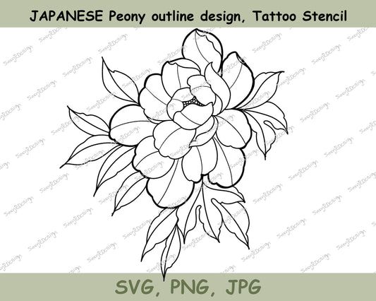 Japanese Peony Flower Outline Design, Tattoo Design, Tattoo stencil, Tshirt Design, Line art, Embroidery Design, JPG, PNG, SVG