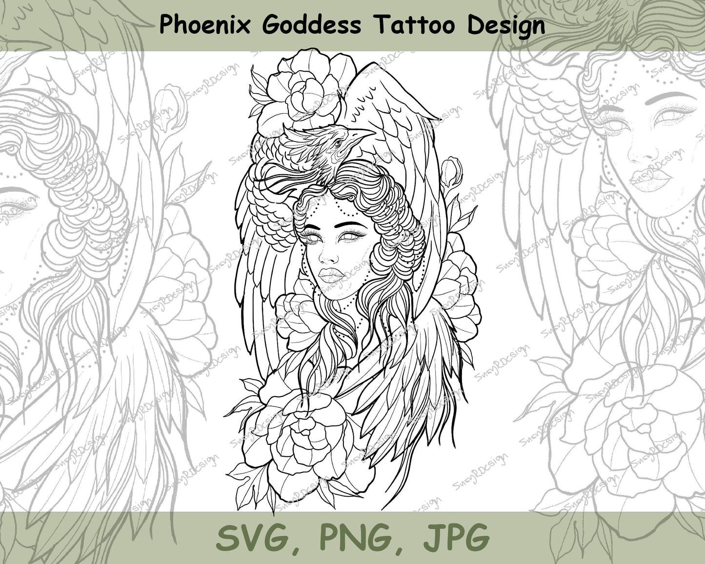 Phoenix Goddess, Tattoo Style Line Drawing, Digital Downloads, svg file, Cricut template, Sticker, Tattoo Design, SVG, JPG, PNG