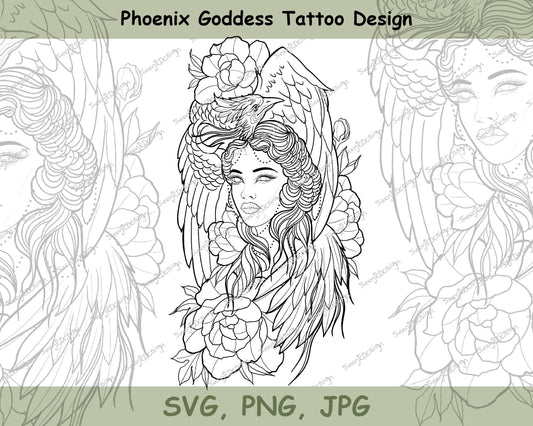 Phoenix Goddess, Tattoo Style Line Drawing, Digital Downloads, svg file, Cricut template, Sticker, Tattoo Design, SVG, JPG, PNG