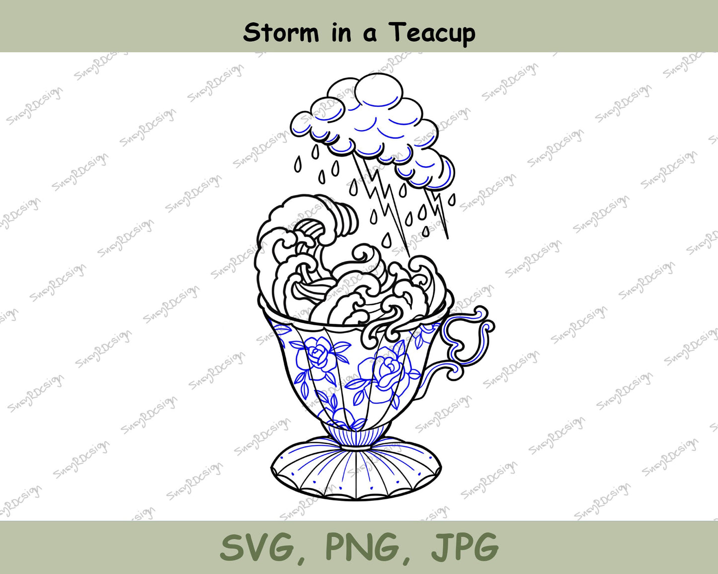 Storm in a Teacup Tattoo Style design, illustration svg, teacup svg, cricut svg, fine line design, teacup print, SVG, PNG JPG