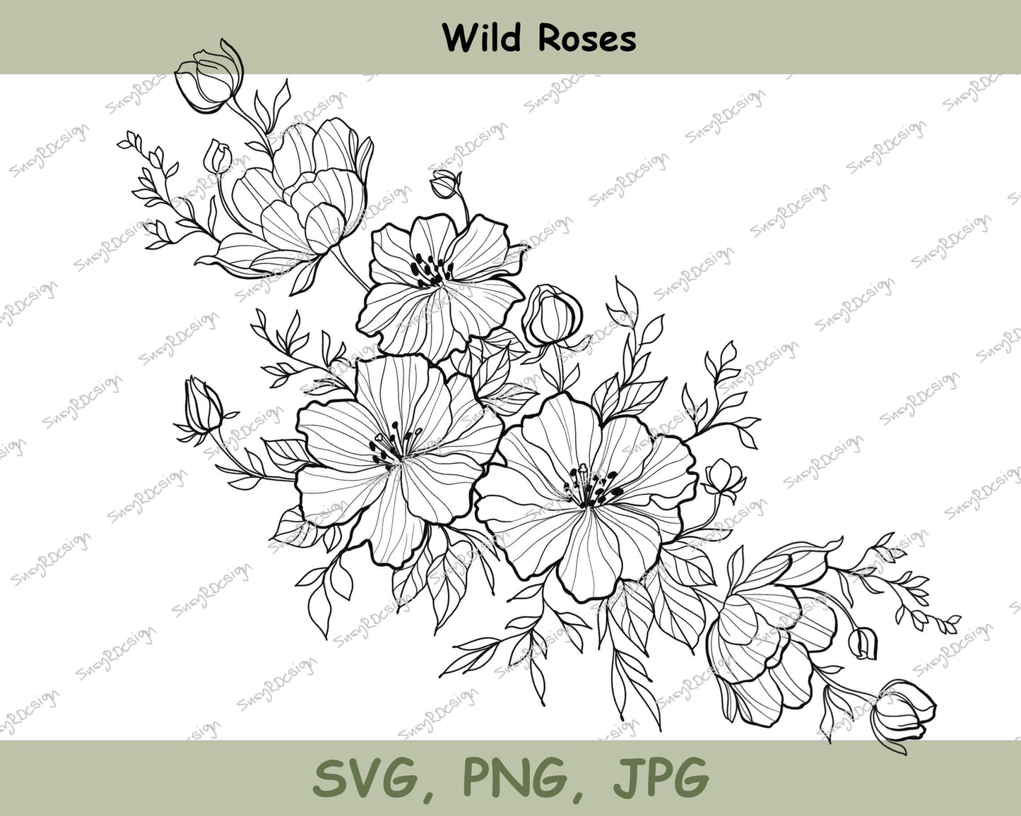 Wild Roses Fine Line Design, illustration svg, wildflower svg, cricut svg, wild roses print, floral tattoo design, SVG PNG JPG