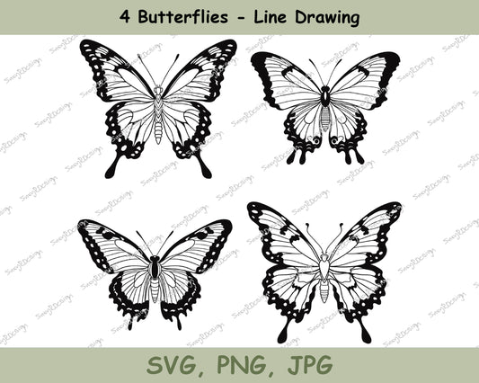 Butterfly Bundle of 4 Line Drawings, illustration svg, butterfly svg, cricut svg, fine line design, butterfly print, butteflies SVG, PNG JPG