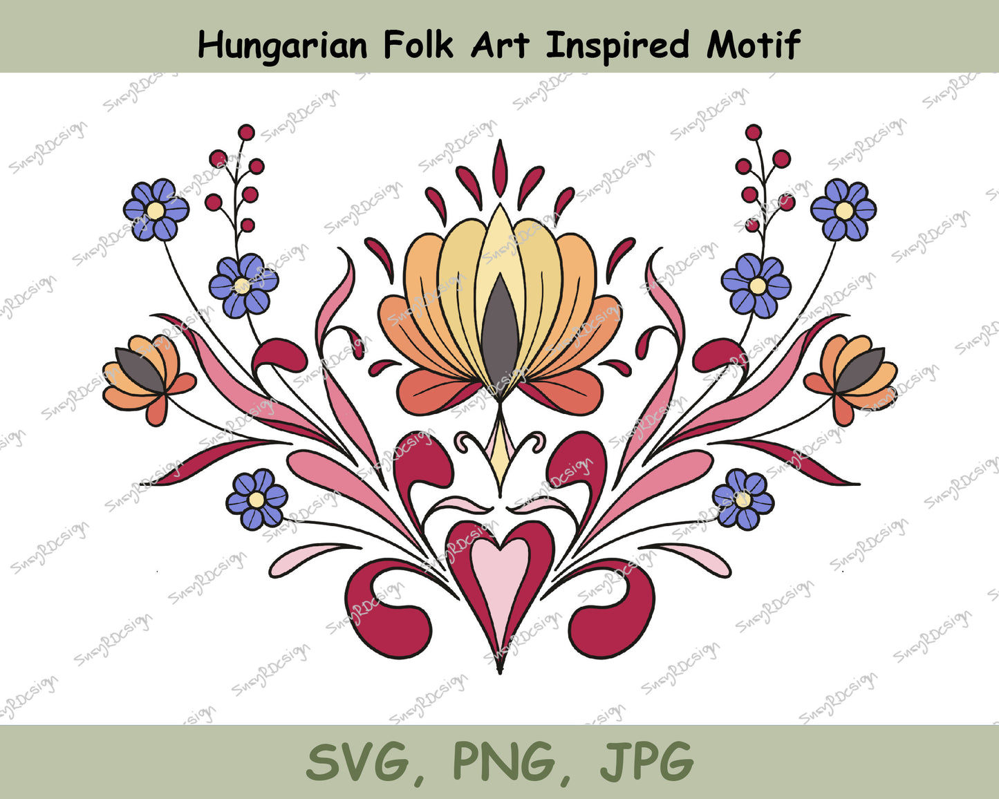 Hungarian Folk Art Floral Designs Pink and Orange tones, Hungarian Folk Art, Floral Design, Tattoo Design, Folk art motif, svg, png, jpg