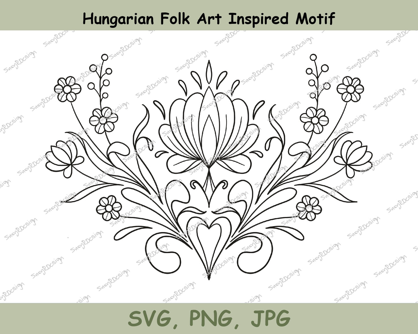 Hungarian Folk Art Floral Design, Black Fine Line Art, Hungarian Folk Art, Floral Design, Tattoo Design, Folk art motif, svg, png, jpg