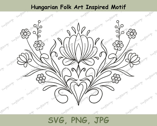 Hungarian Folk Art Floral Design, Black Fine Line Art, Hungarian Folk Art, Floral Design, Tattoo Design, Folk art motif, svg, png, jpg