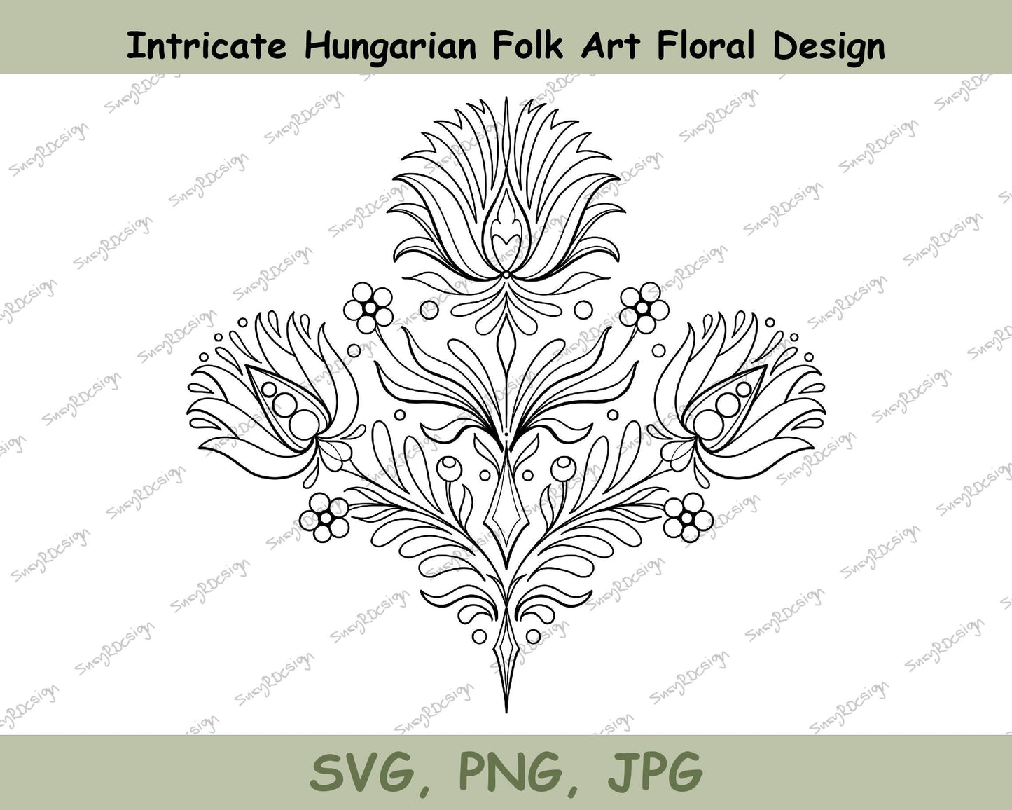 Inspired by Hungarian Folk Art, Intricate Floral Line Drawing, Embroidery pattern, Tattoo Design, Colouring idea, SVG, JPG, PNG