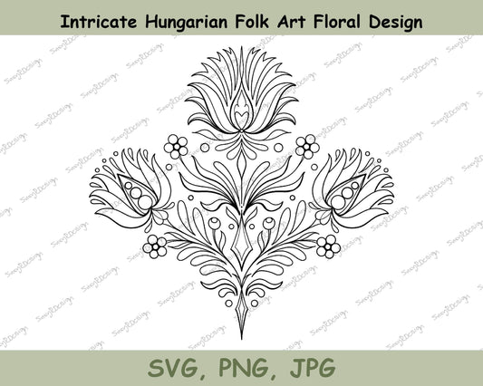 Inspired by Hungarian Folk Art, Intricate Floral Line Drawing, Embroidery pattern, Tattoo Design, Colouring idea, SVG, JPG, PNG