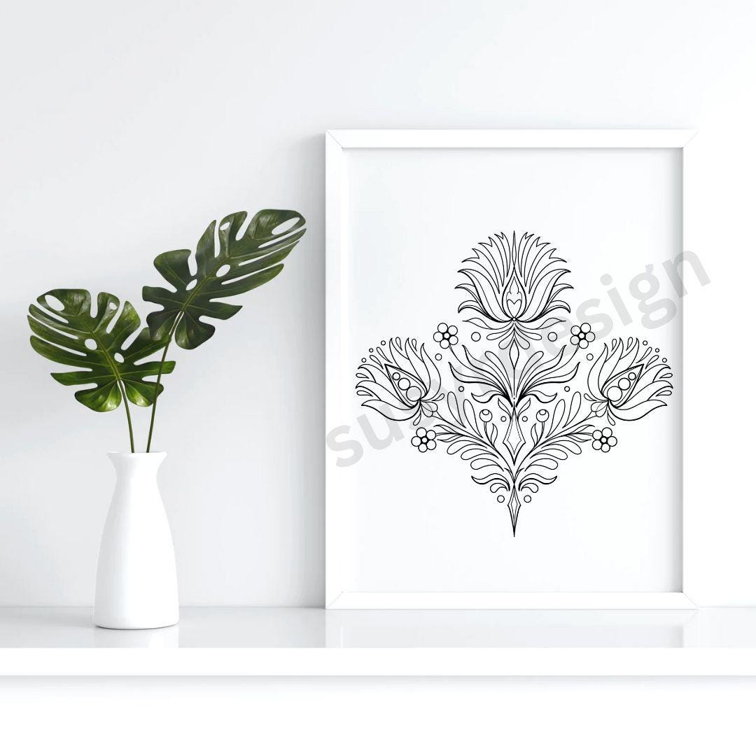 Inspired by Hungarian Folk Art, Intricate Floral Line Drawing, Embroidery pattern, Tattoo Design, Colouring idea, SVG, JPG, PNG