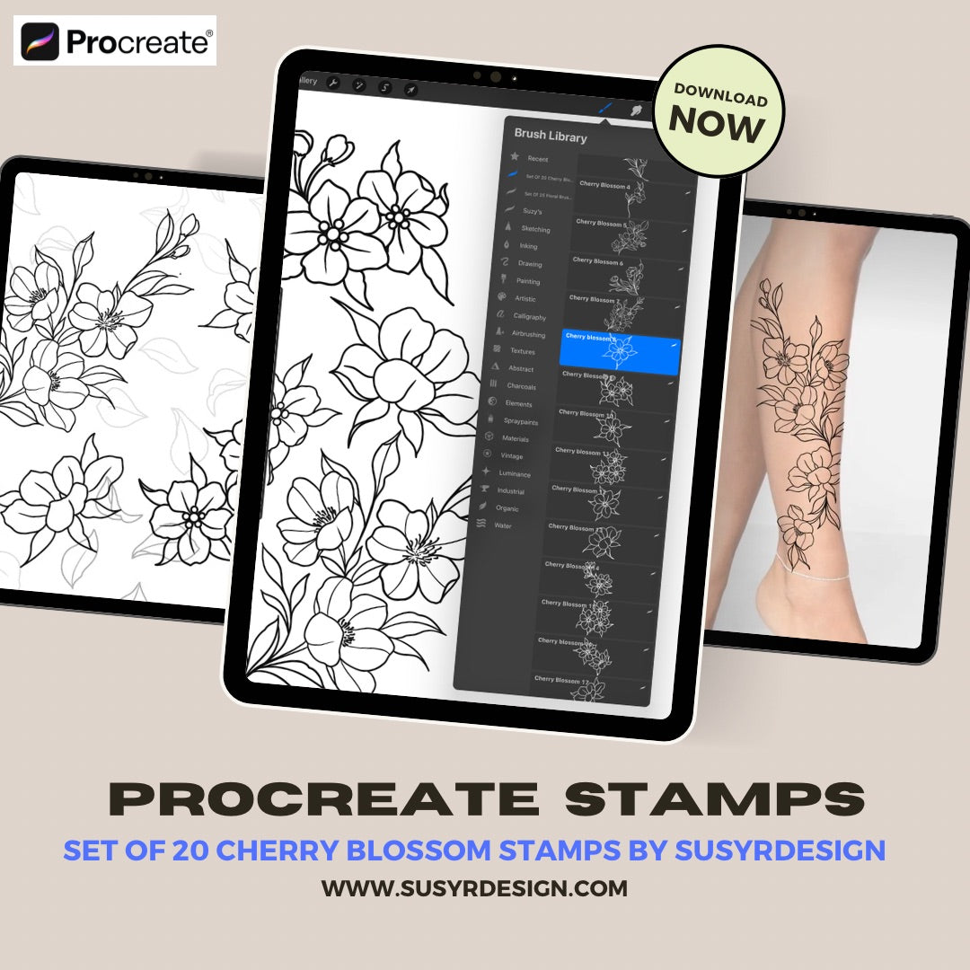 Cherry Blossoms Digital Stamps Set for PROCREATE - 20 Designs - Create Tattoos, Stencils, Tattoo Designs, Printable Art and more