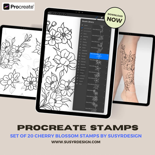 Cherry Blossoms Digital Stamps Set for PROCREATE - 20 Designs - Create Tattoos, Stencils, Tattoo Designs, Printable Art and more