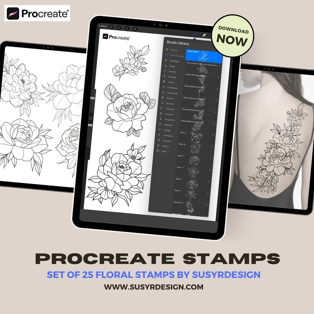 Set of 25 Digital Floral Stamps for PROCREATE App - Create Tattoos, Stencils, Tattoo Designs, Printable Art and more