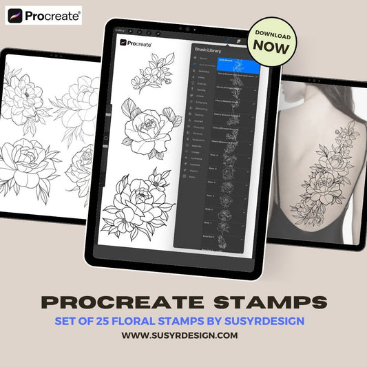 Set of 25 Digital Floral Stamps for PROCREATE App - Create Tattoos, Stencils, Tattoo Designs, Printable Art and more