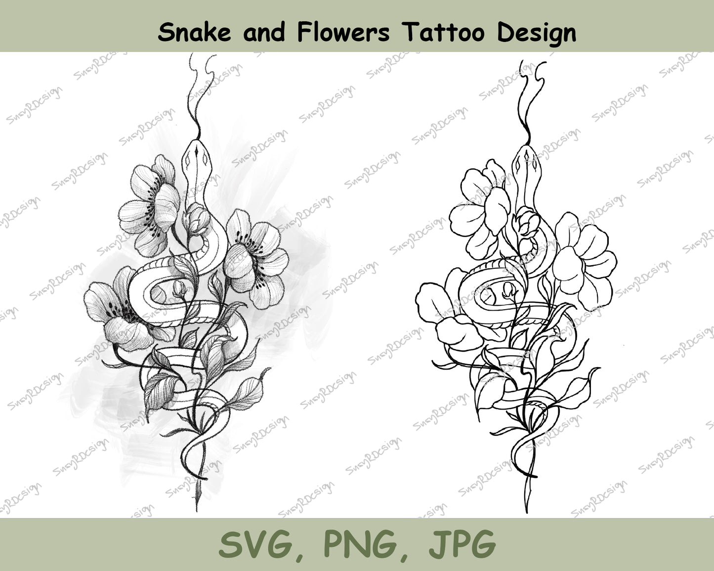 Freehand-Drawn, Unique Snake and Flowers Tattoo Pencil Drawing - Stencil for Perfect Ink Outline included, SVG PNG JPG files