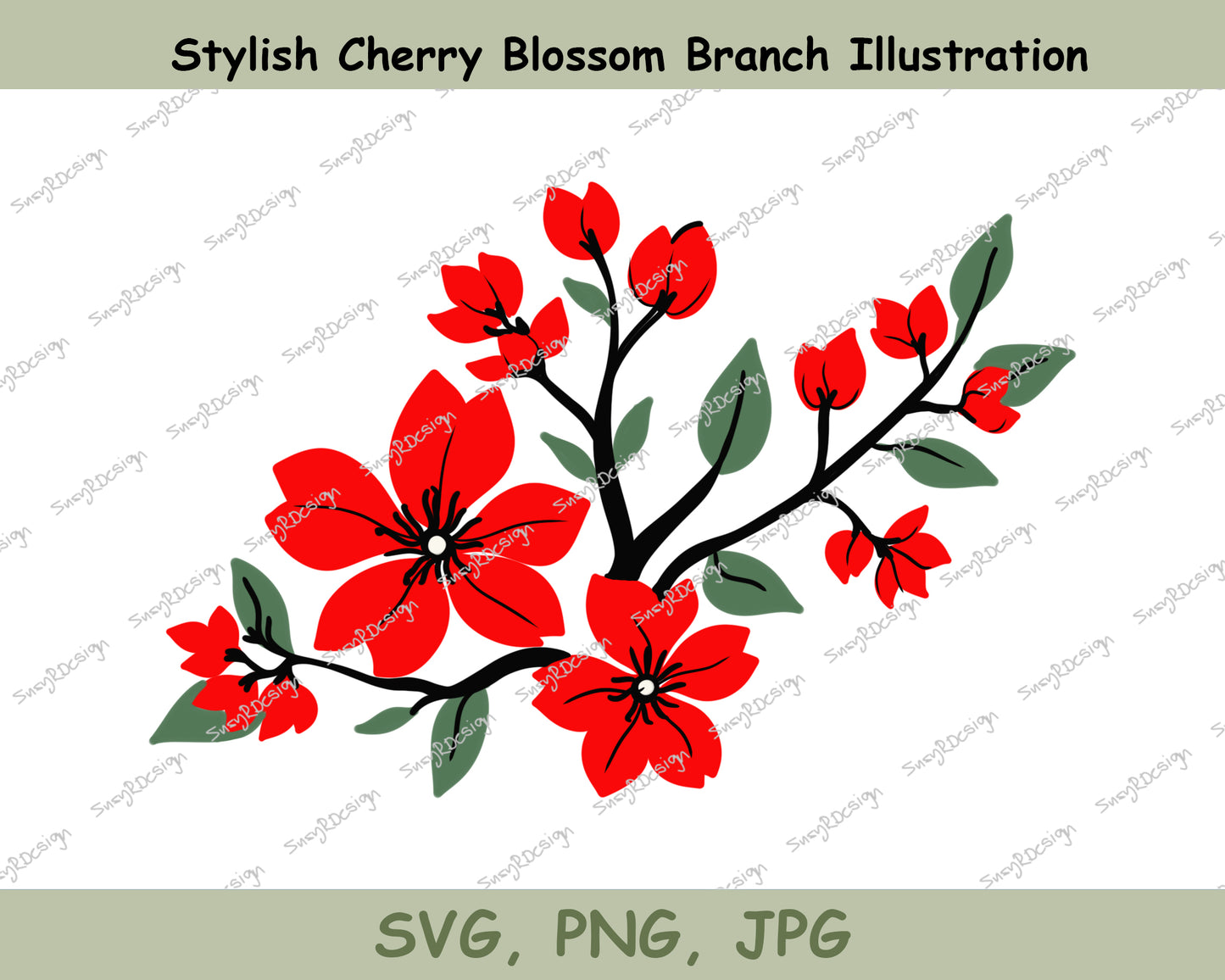 Stylish Cherry Blossom Branch Illustration - Eye-Catching Red, Black & Green SVG PNG JPG